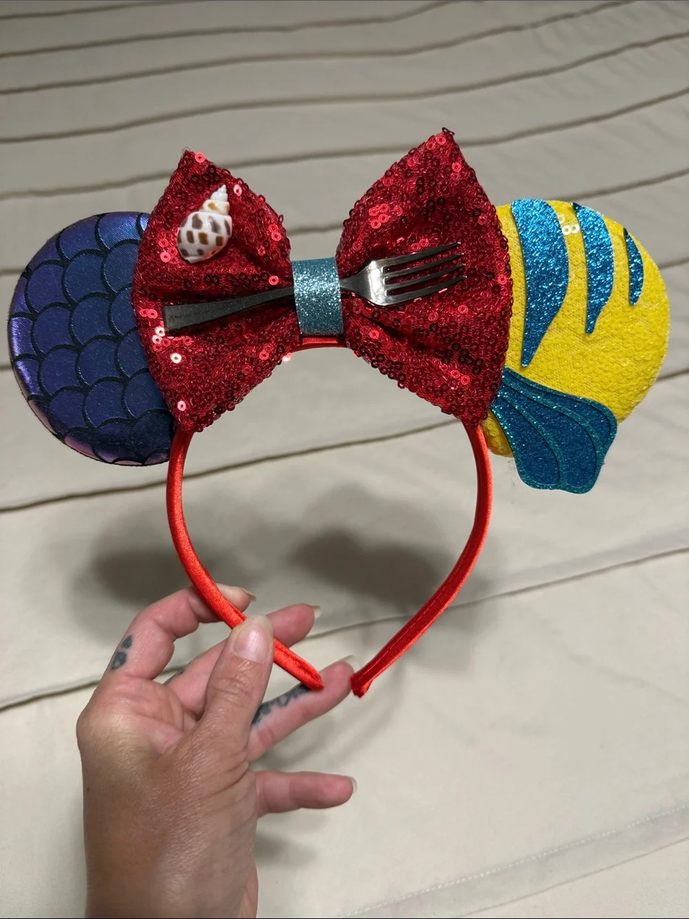 Disney Red Sequin Bow Mermaid Ears Headband with Blue and Yellow Accents